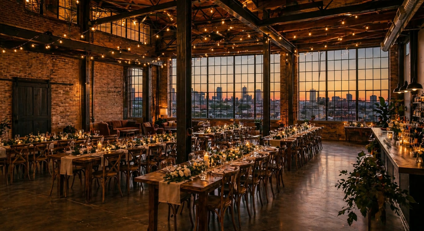 The Brickyard - Tables set for dinner, sunset skyline