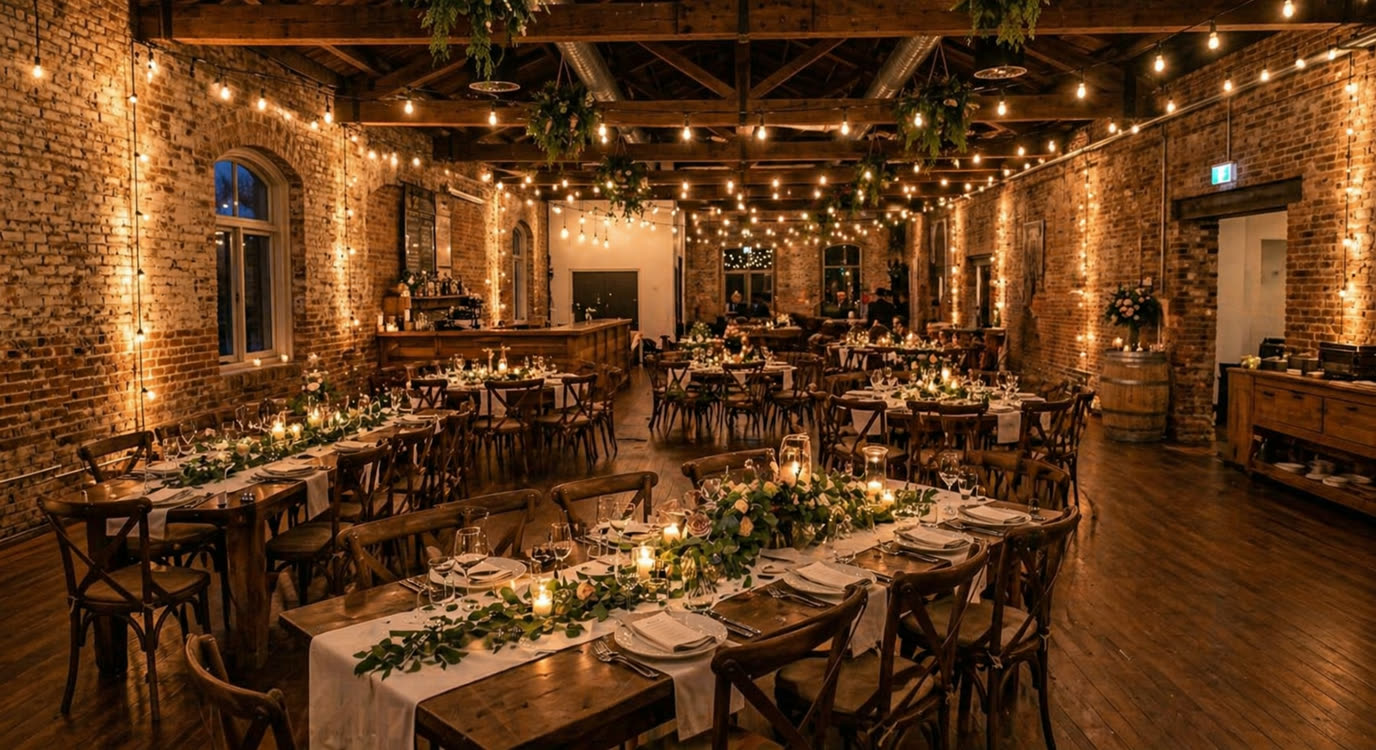 The Magnolia Room - Dinner setup with garland centerpieces